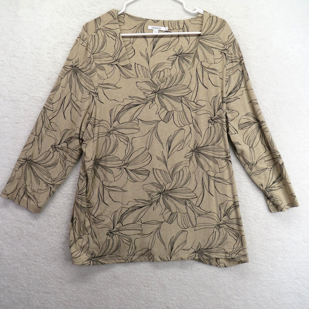 Chico's Shirt Womens XXL Beige Floral 3/4 Sleeve Rayon Stretch Pullover Knit Top